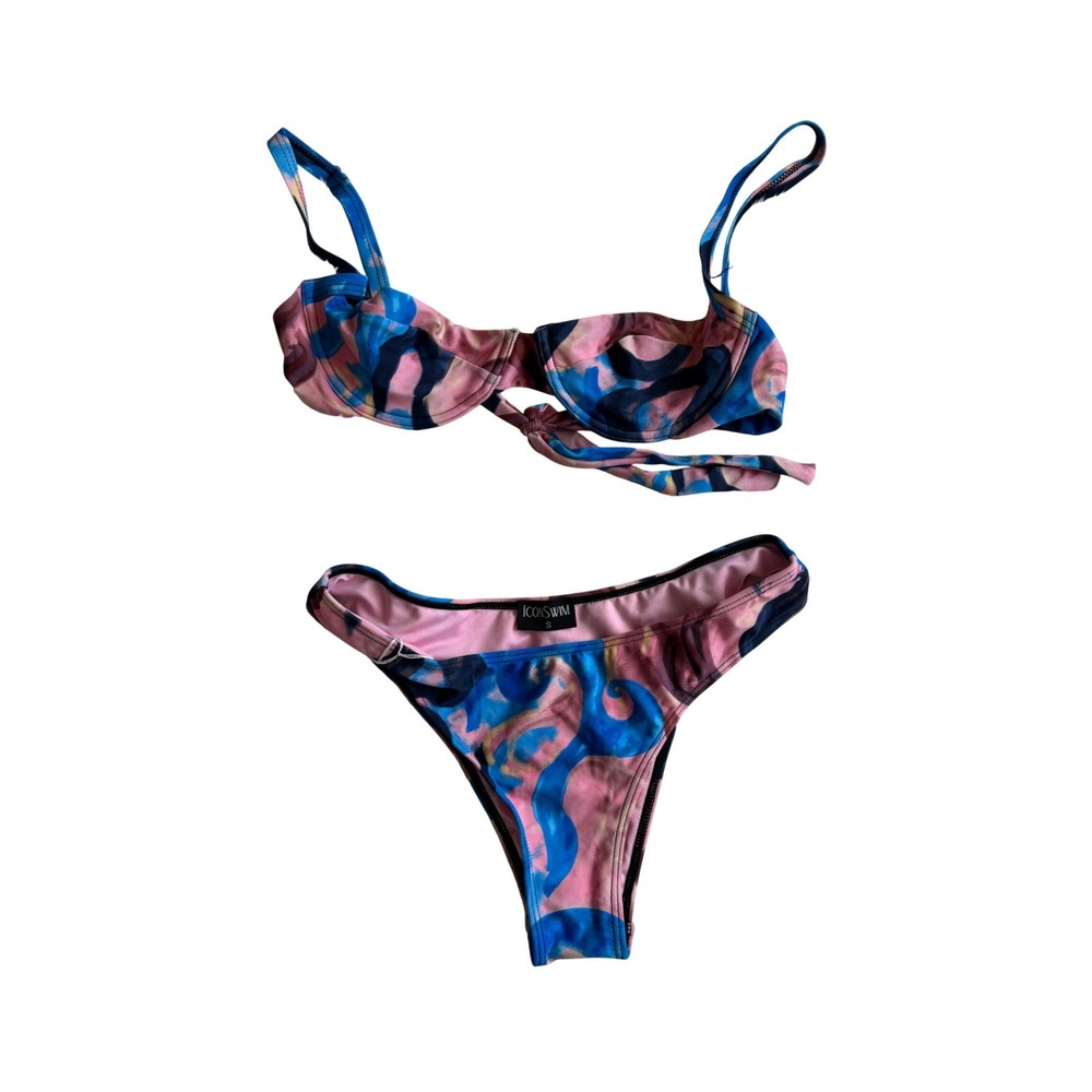Icon Swim Women's Pink Blue Abstract Underwire High Cut Bikini Set Size XS/S